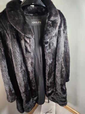 Adolfo Black Faux Fur Trim Pea Coat